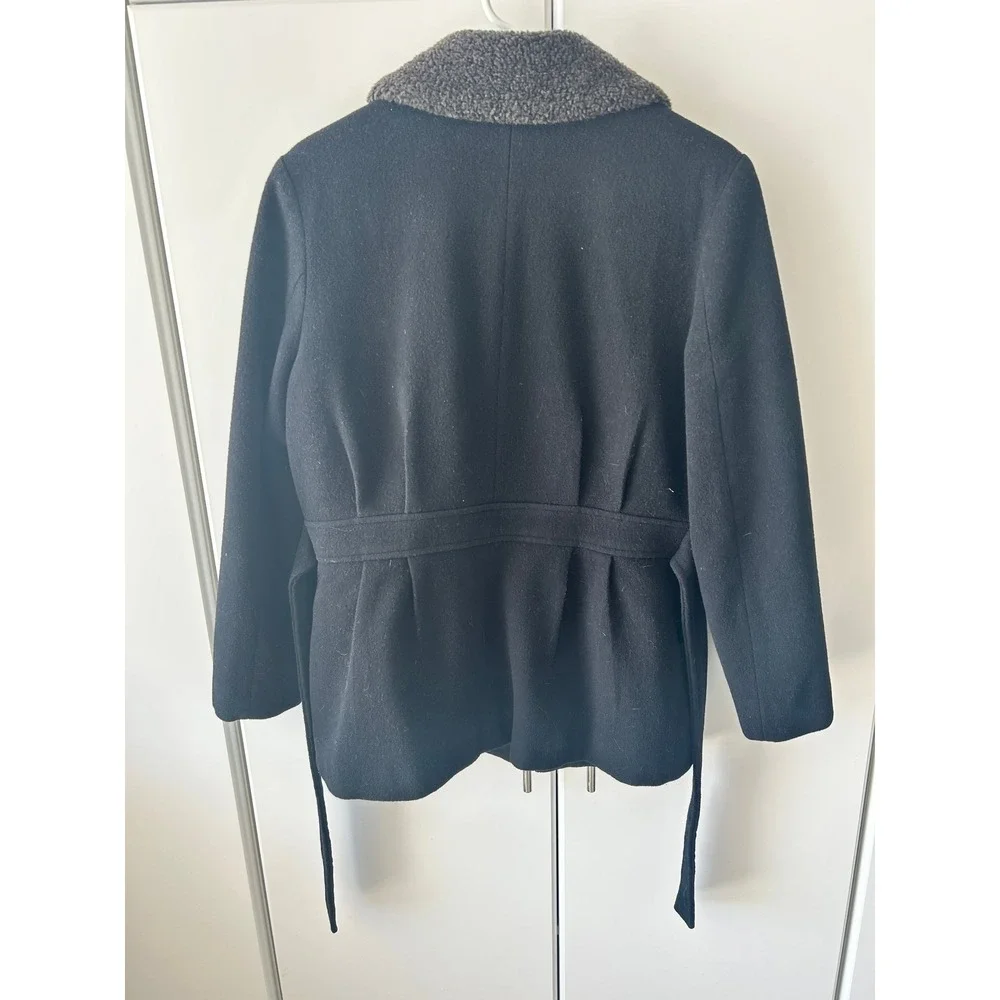 Mario De Pinto Vintage Black Wool Blend Zip Up Coat Faux Fur Collar Belt USA